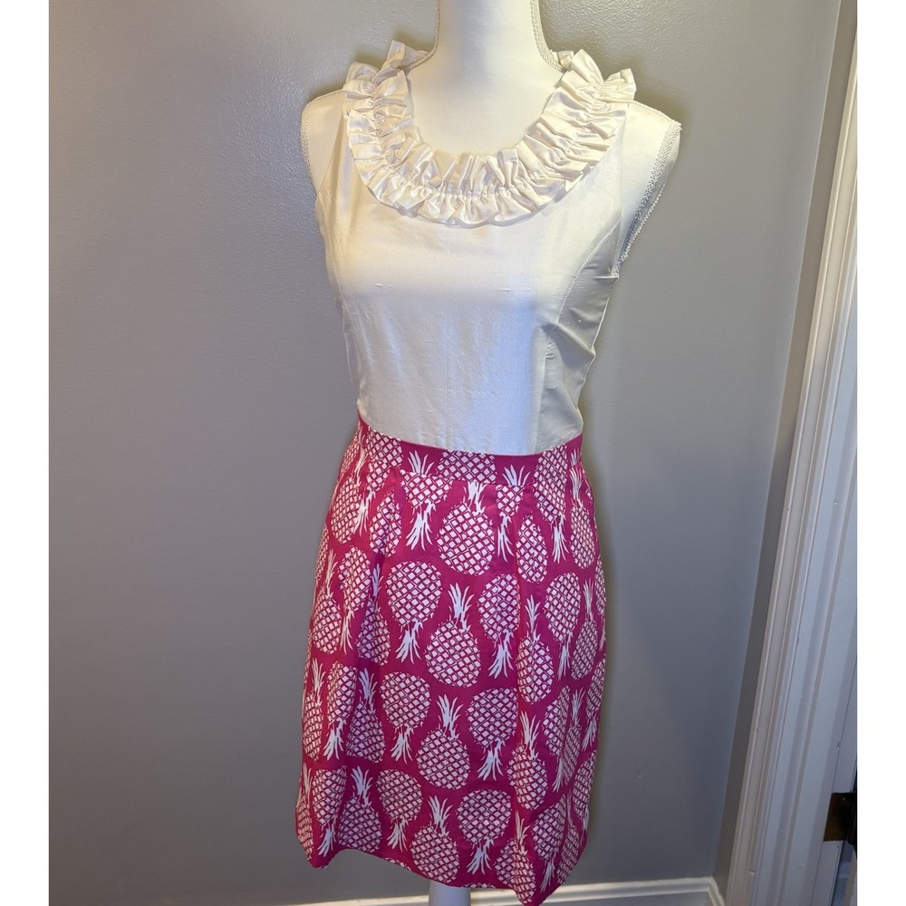 Laroque White Ruffled Silk Top & Pink Pineapple Cotton Skirt Dress‎ Size 2 NWT
